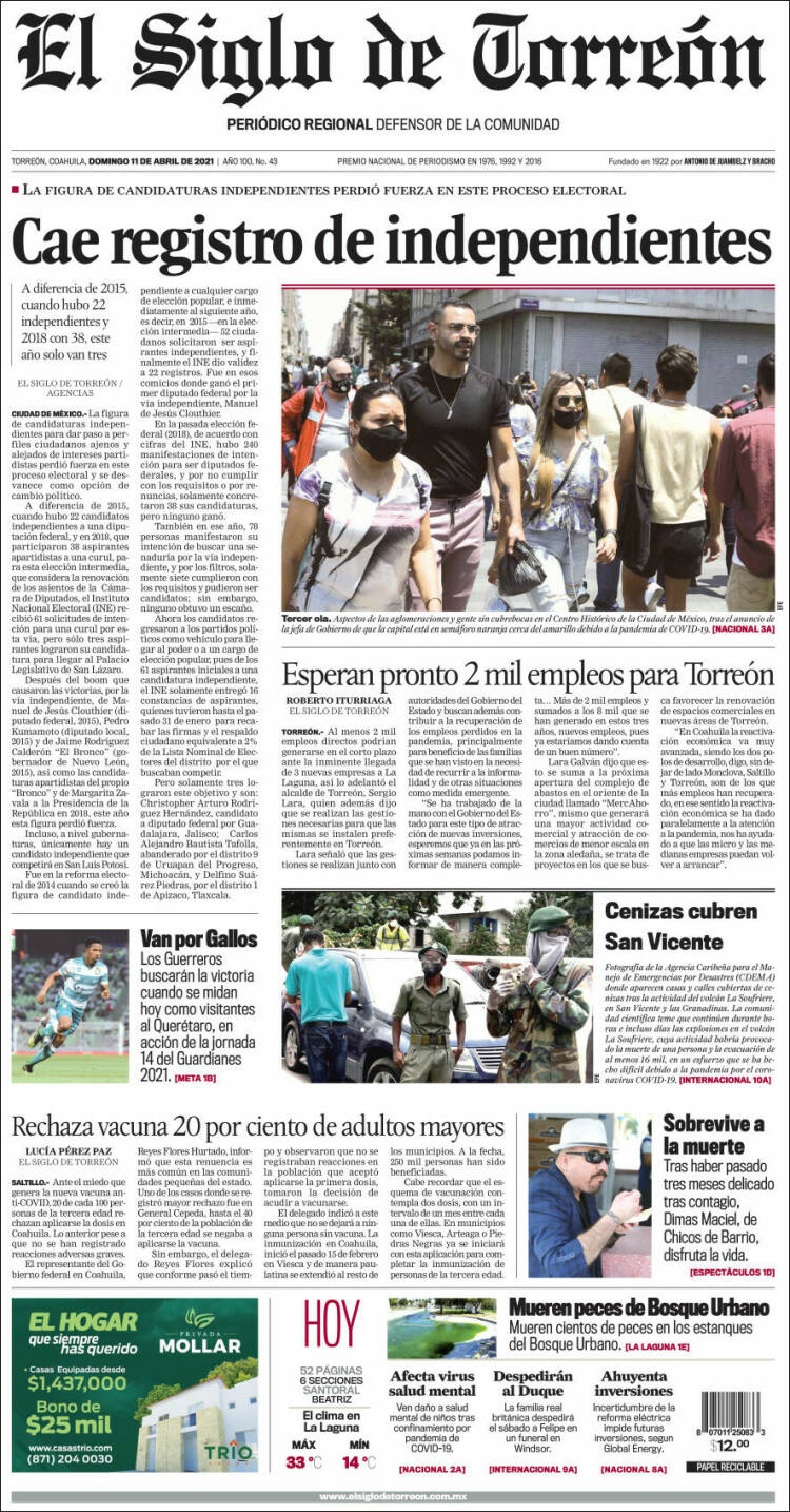 Portada de El Siglo de Torreon (M&eacute;xico)