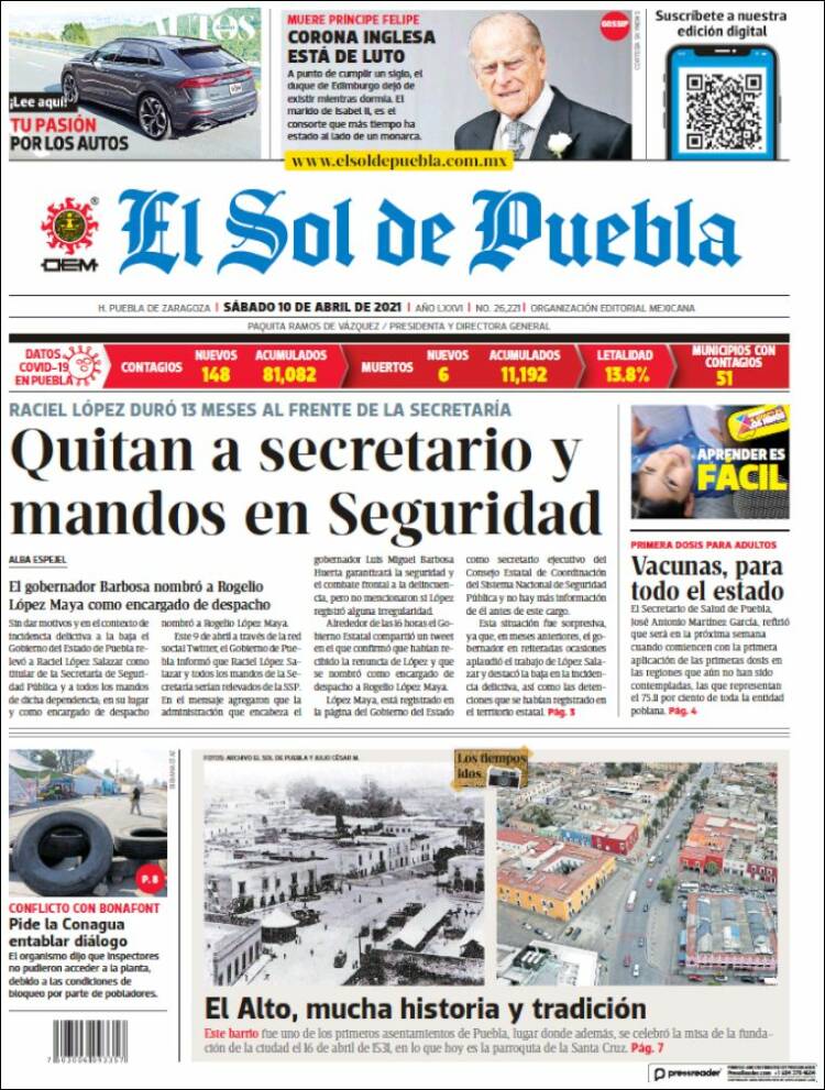 Portada de El Sol de Puebla (M&eacute;xico)