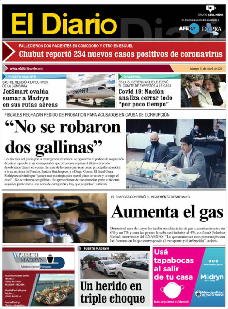 Portada de El Diario de Madryn (Argentina)