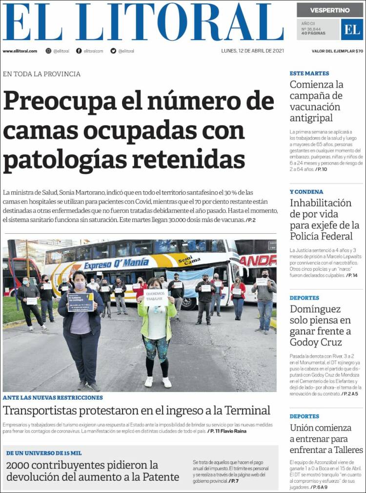 Portada de Diario El Litoral (Argentina)
