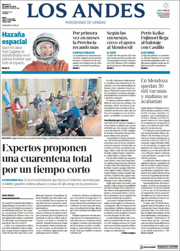 Portada de Los Andes - Mendoza (Argentina)