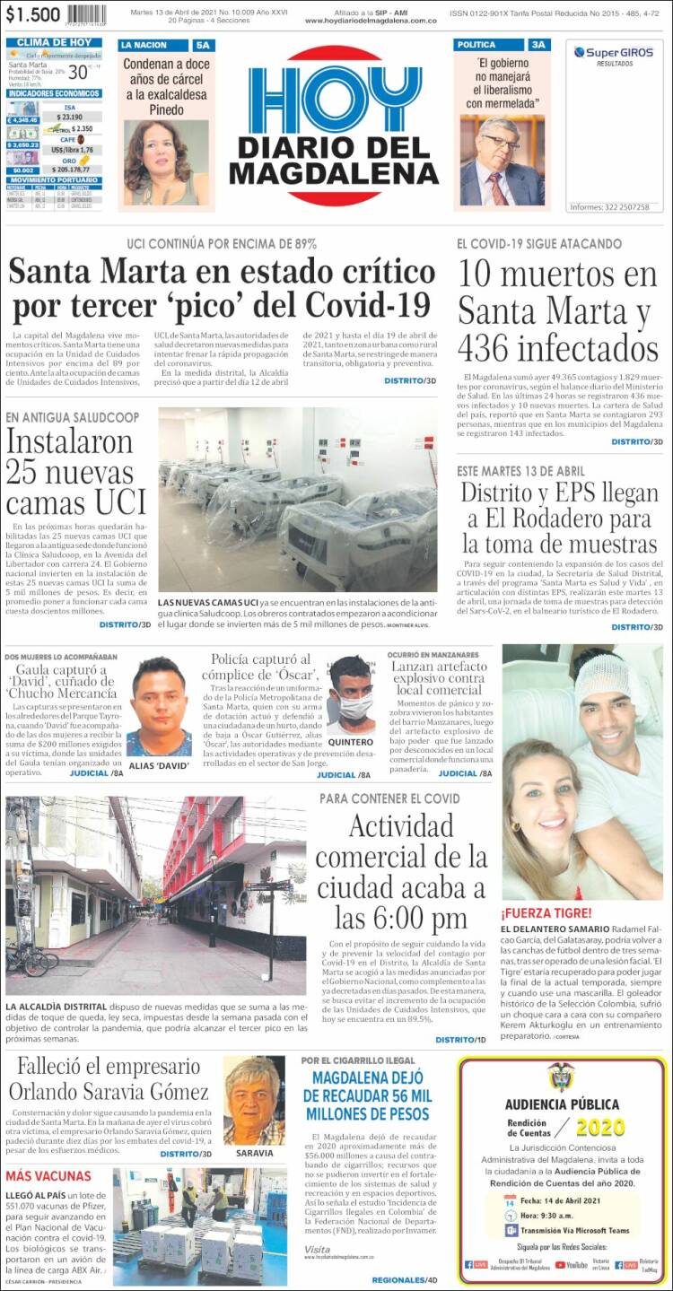 Portada de Hoy Diario del Magdalena (Colombia)