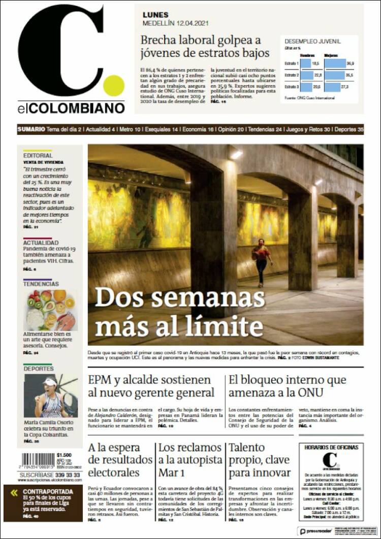 Portada de El Colombiano (Colombia)