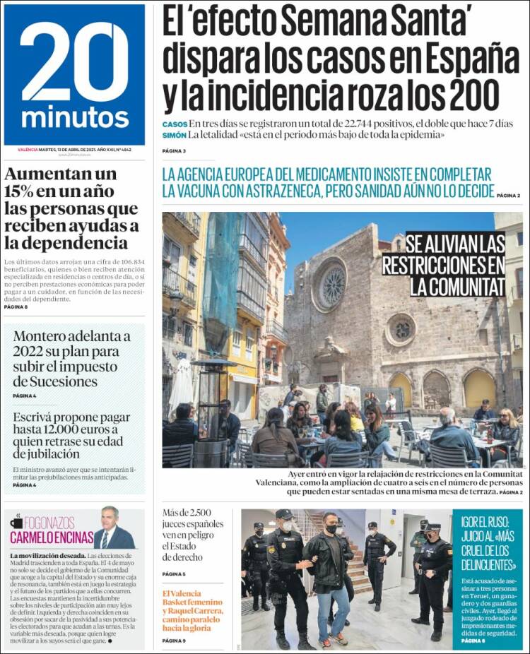 Portada de 20 Minutos - Valencia (España)