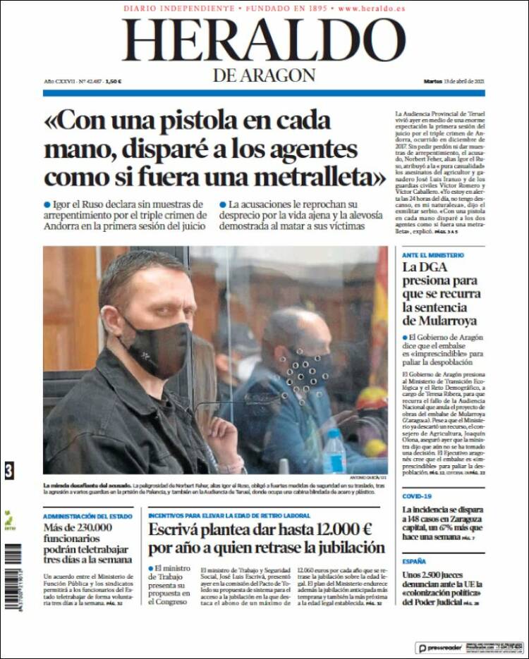 Portada de Heraldo de Aragón (España)