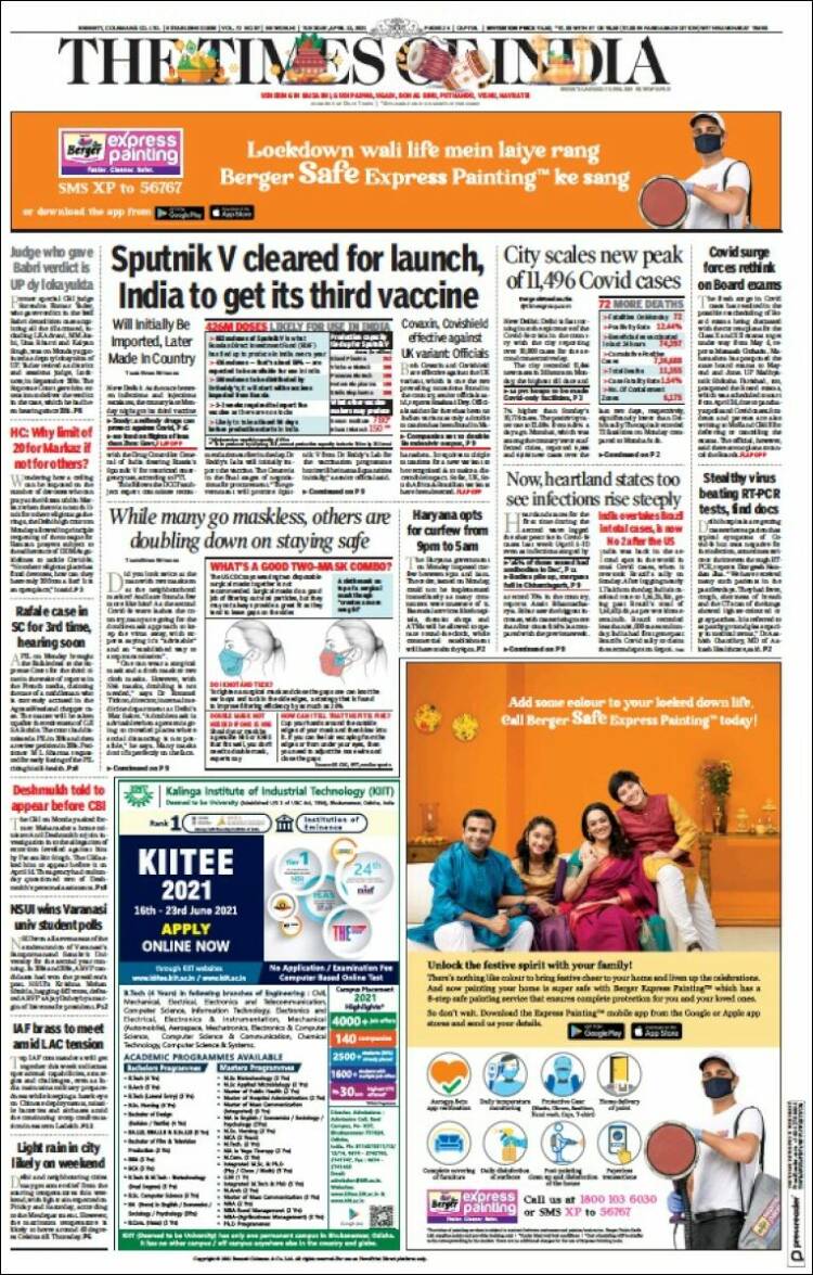 Portada de The Times of India (India)