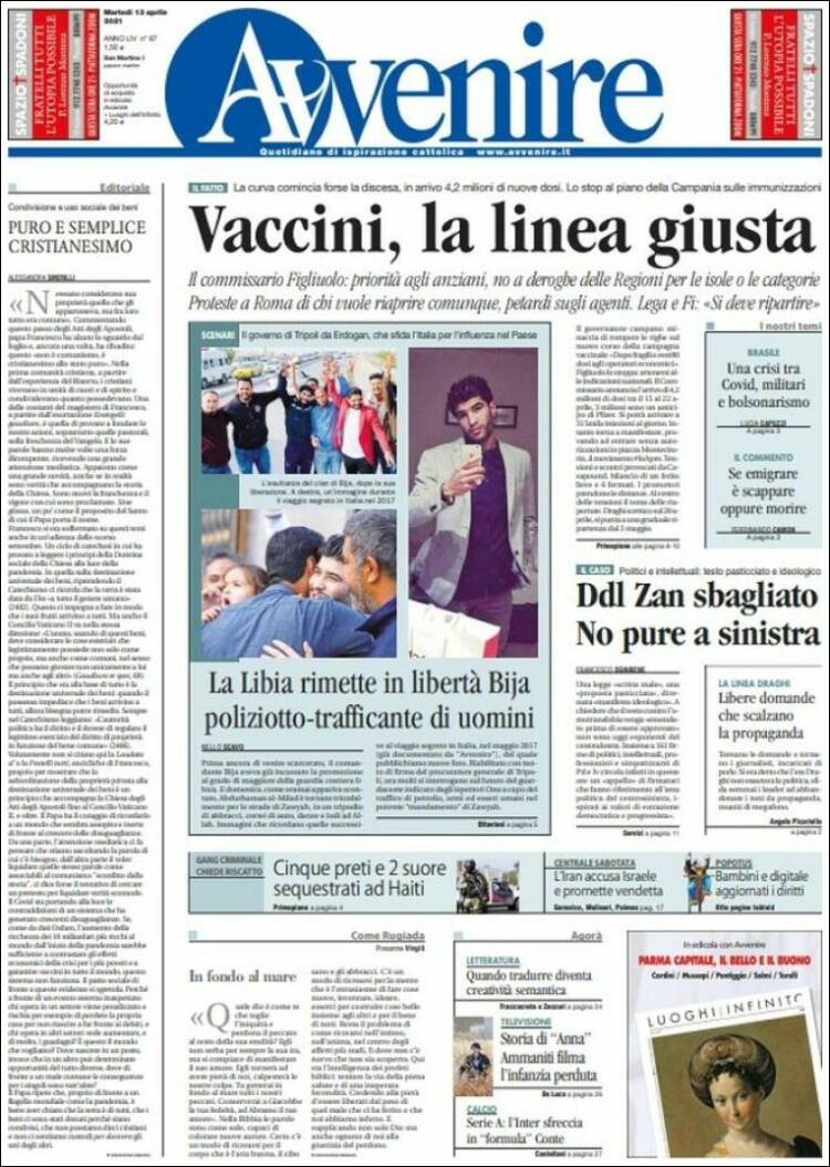 Portada de Avvenire (Italia)