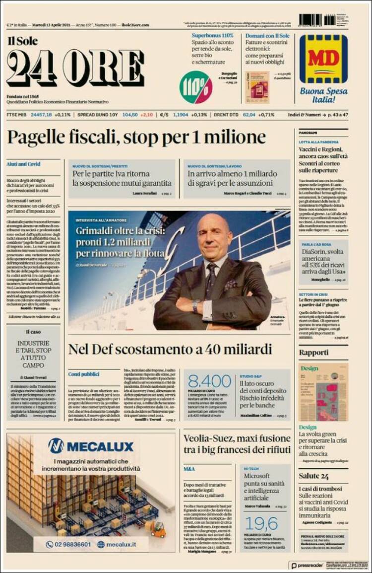 Portada de Il Sole 24 ORE (Italia)