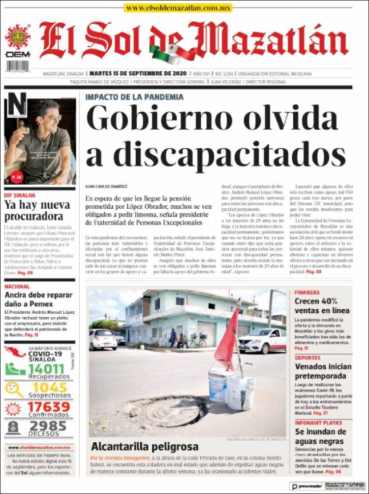 Portada de El Sol de Mazatlán (M&eacute;xico)