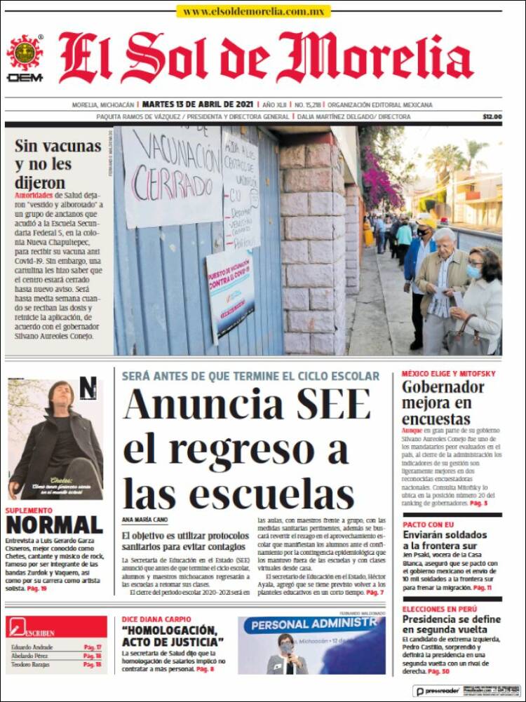 Portada de El Sol de Morelia (M&eacute;xico)