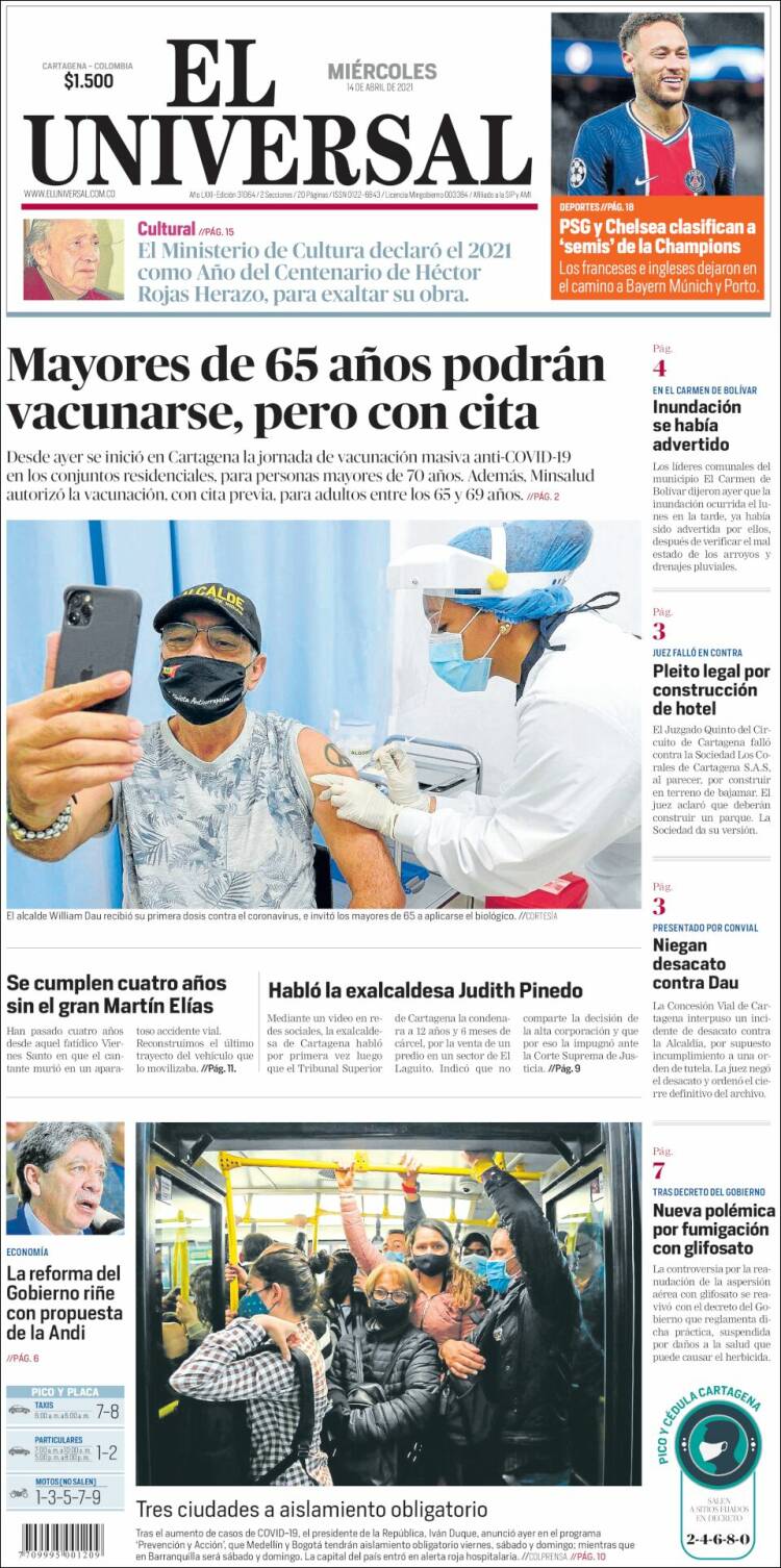 Portada de El Universal (Colombia)