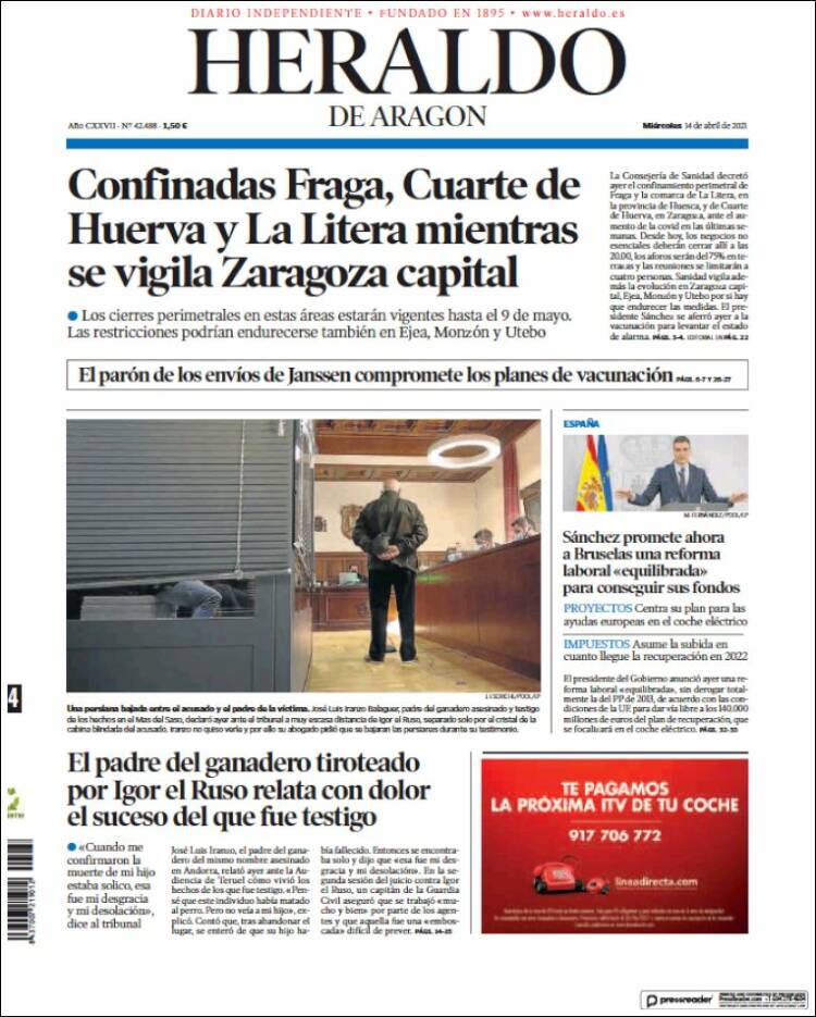 Portada de Heraldo de Aragón (España)