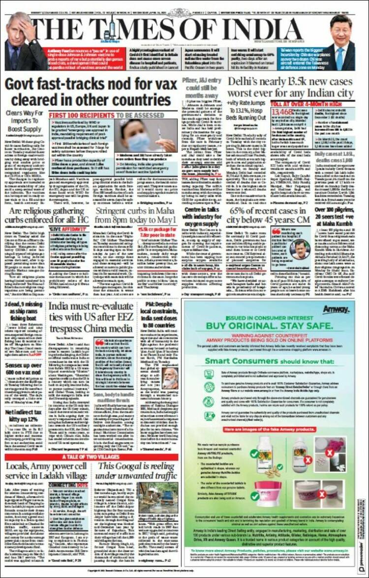 Portada de The Times of India (India)