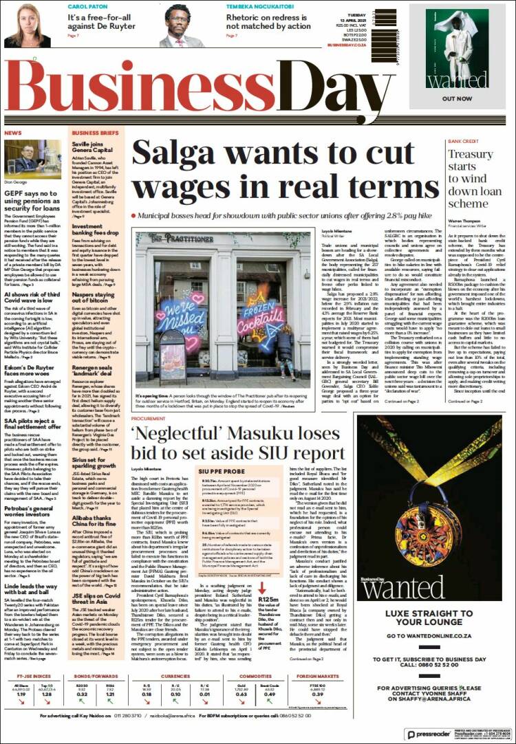 Portada de Business Day (Sud&aacute;frica)