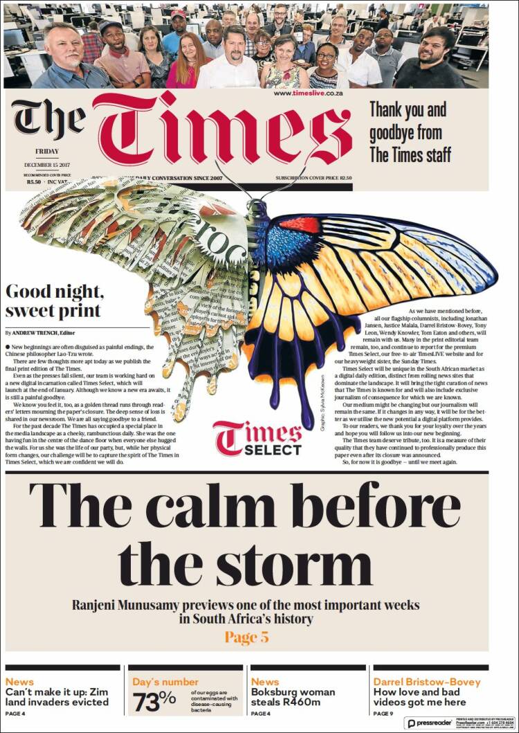 Portada de The Times (Sud&aacute;frica)