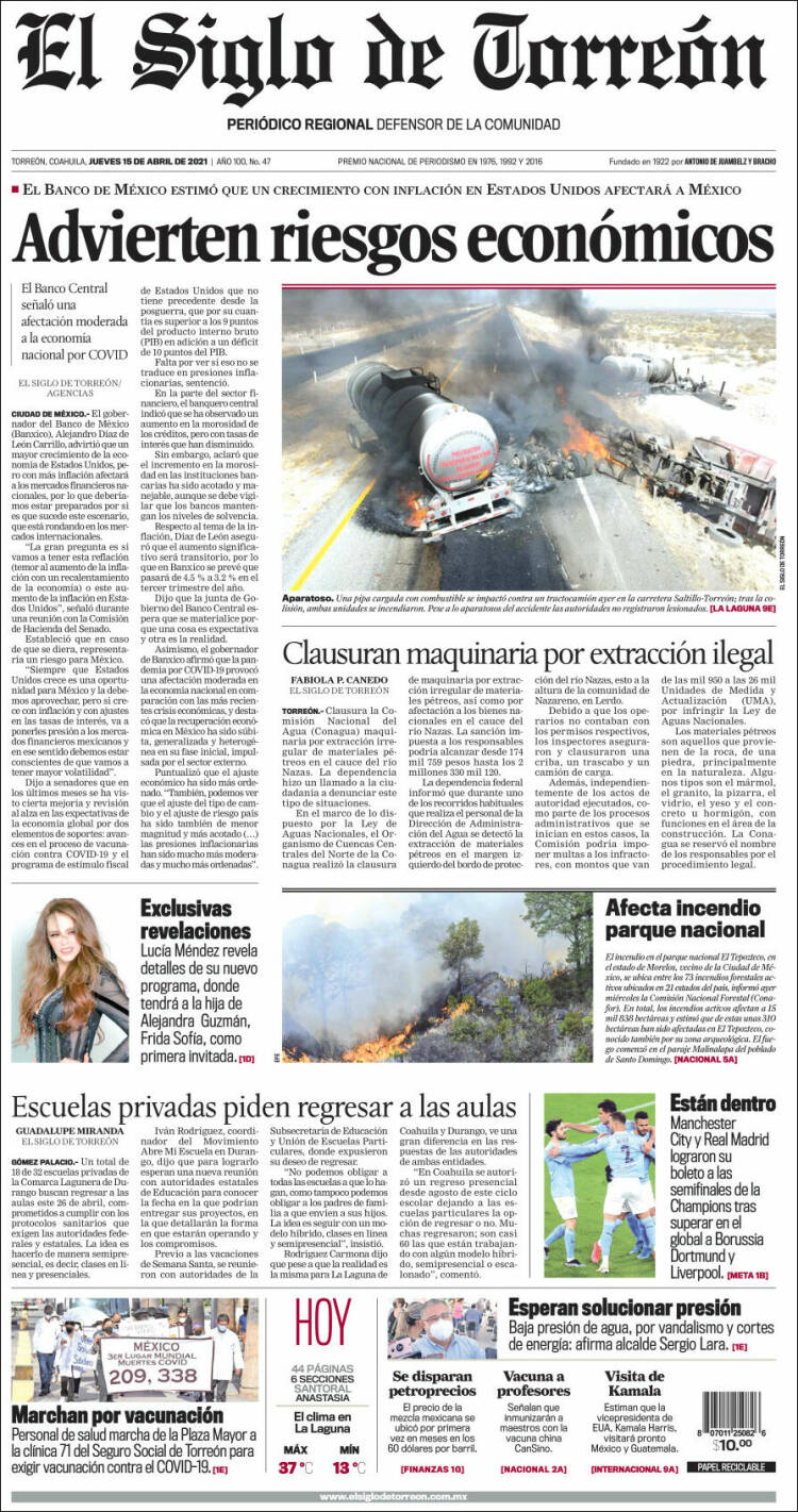 Periódico El Siglo de Torreon (México). Periódicos de México. Edición de  jueves, 15 de abril de 2021. Kiosko.net