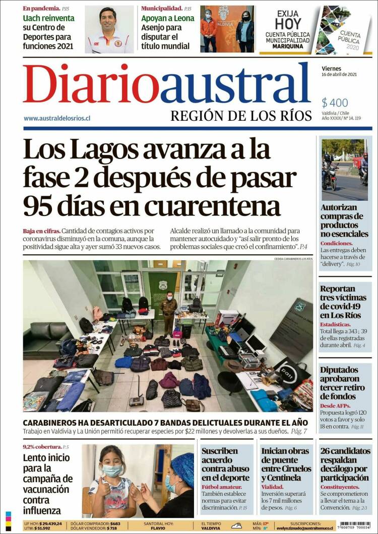 Portada de El Diario Austral de Valdivia (Chile)