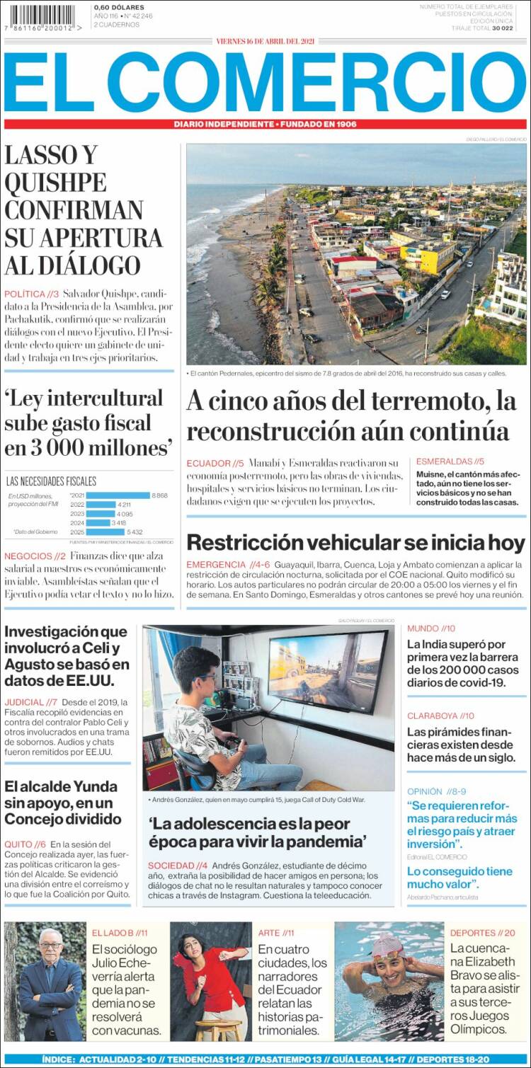 Portada de El Comercio (Ecuador)