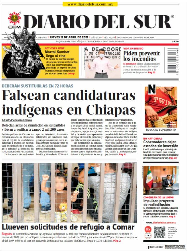 Portada de El Diario del Sur (México)