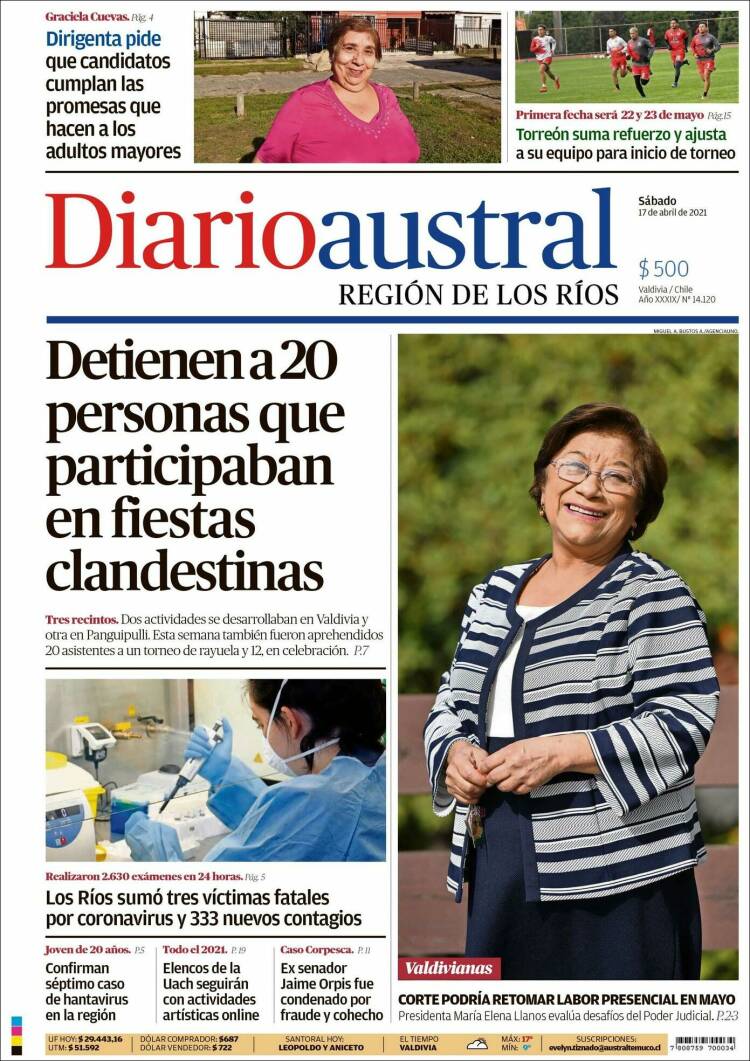 Portada de El Diario Austral de Valdivia (Chile)