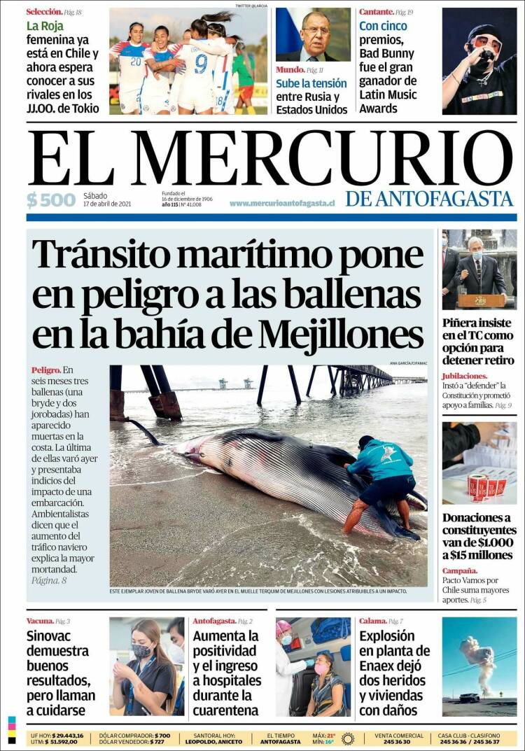 Portada de El Mercurio de Antofagasta (Chile)