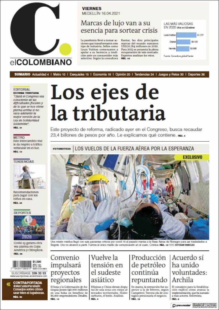 Portada de El Colombiano (Colombia)
