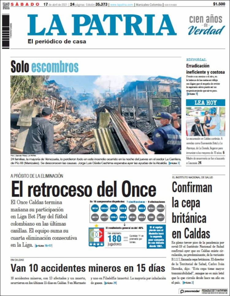 Portada de La Patria (Colombia)