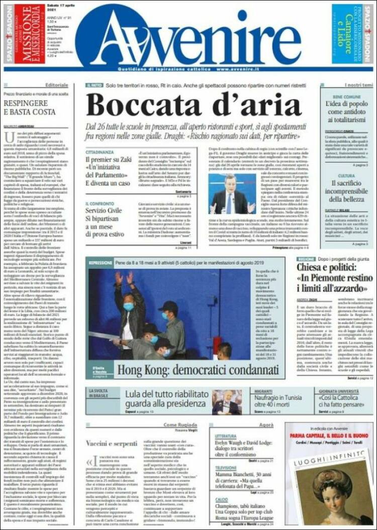 Portada de Avvenire (Italia)