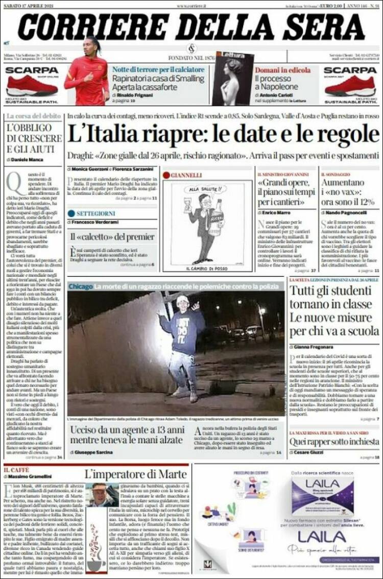 Portada de Corriere della Sera (Italia)