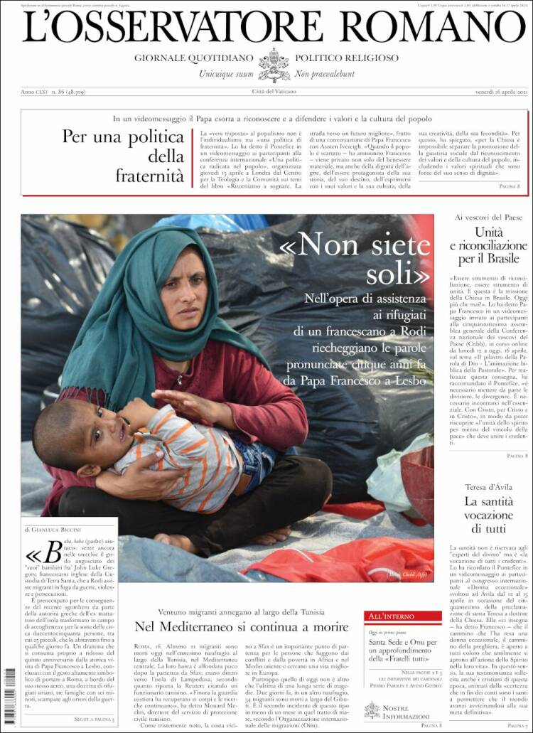Portada de L'Osservatore Romano (Italia)