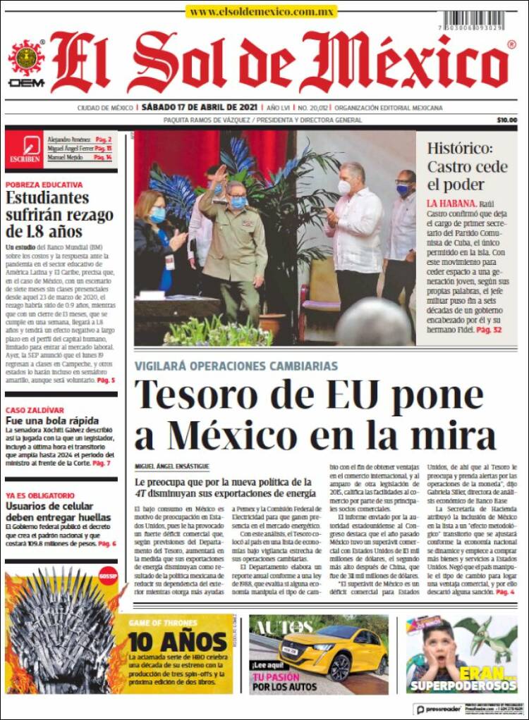 Portada de El Sol de México (M&eacute;xico)