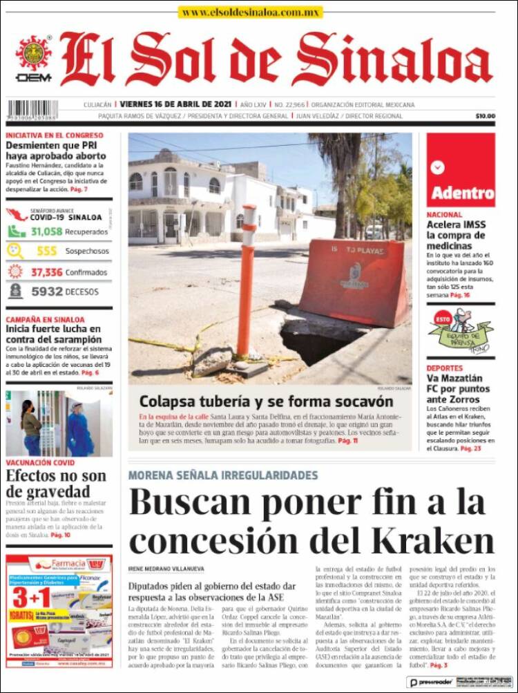 Portada de El Sol de Sinaloa (M&eacute;xico)