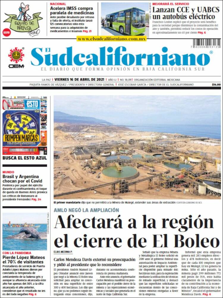 Portada de El Sudcaliforniano (M&eacute;xico)