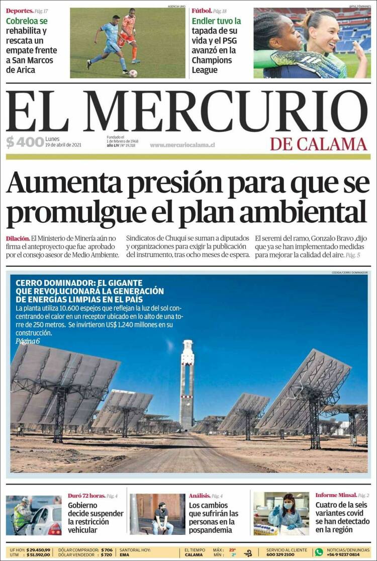 Portada de El Mercurio - Calama (Chili)