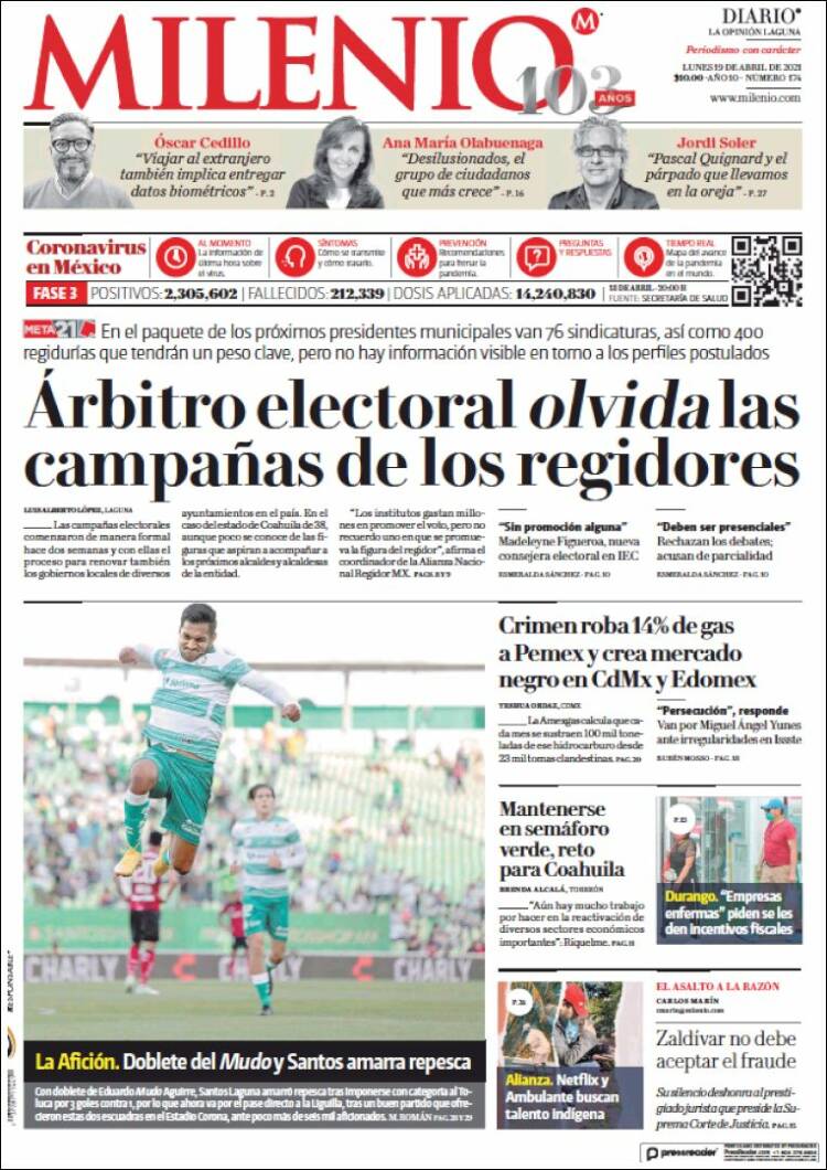 Portada de Milenio - Laguna (México)