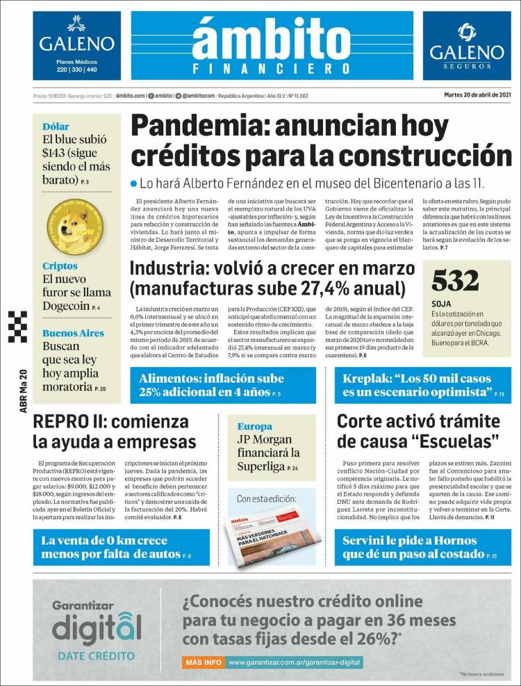 Portada de Diario Ambito Financiero (Argentina)