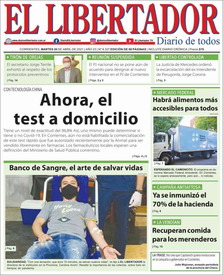 Portada de Diario El Libertador (Argentina)