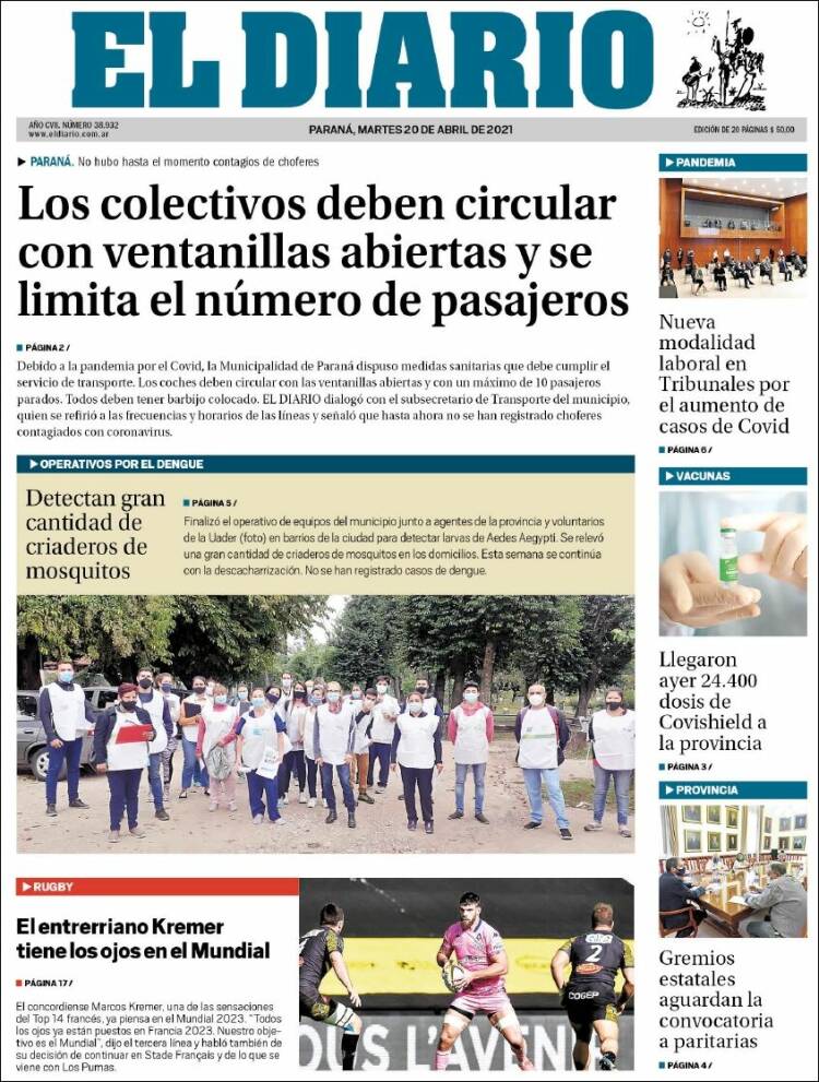 Portada de El Diario de Paraná (Argentina)