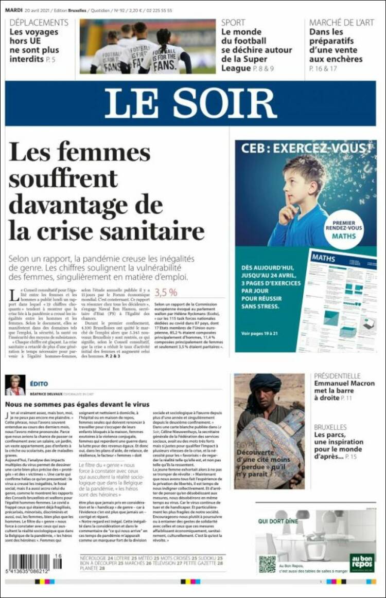 Portada de Le Soir (B&eacute;lgica)