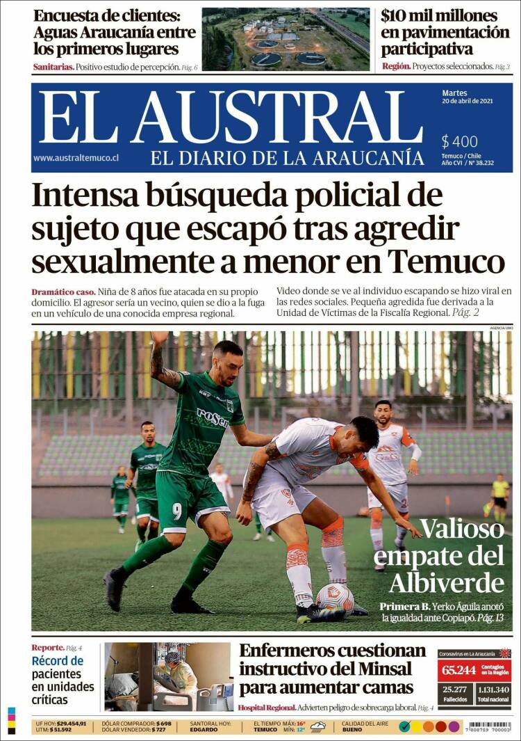 Portada de El Austral de Temuco (Chile)