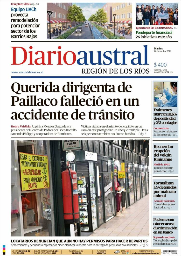 Portada de El Diario Austral de Valdivia (Chile)