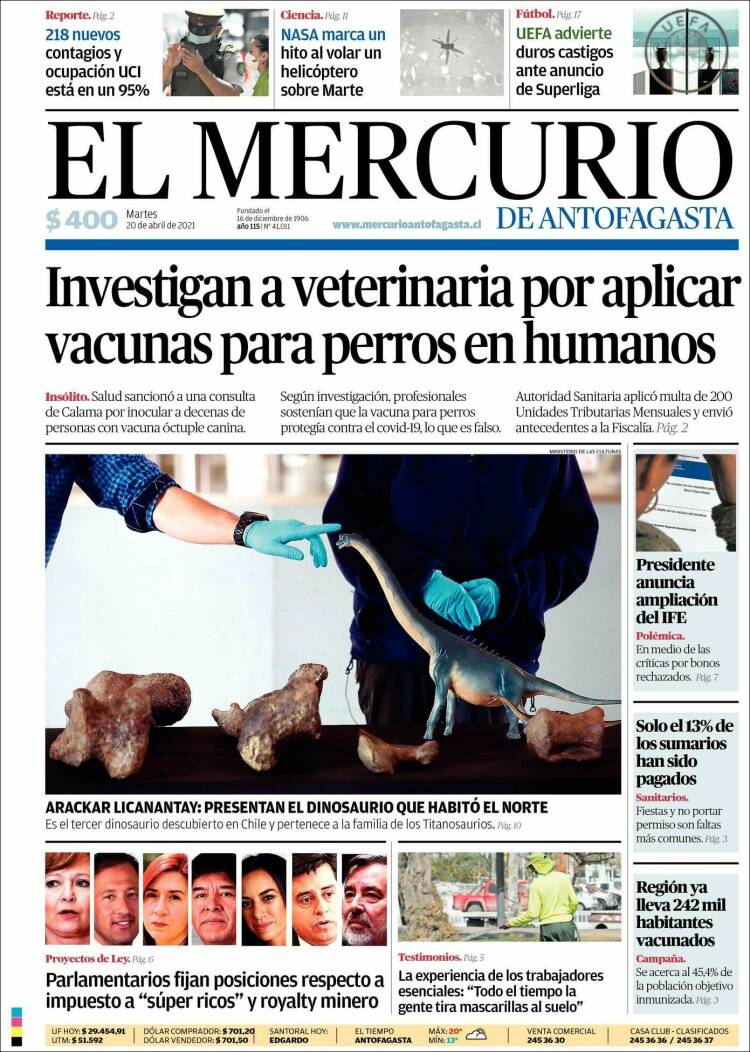 Portada de El Mercurio de Antofagasta (Chile)