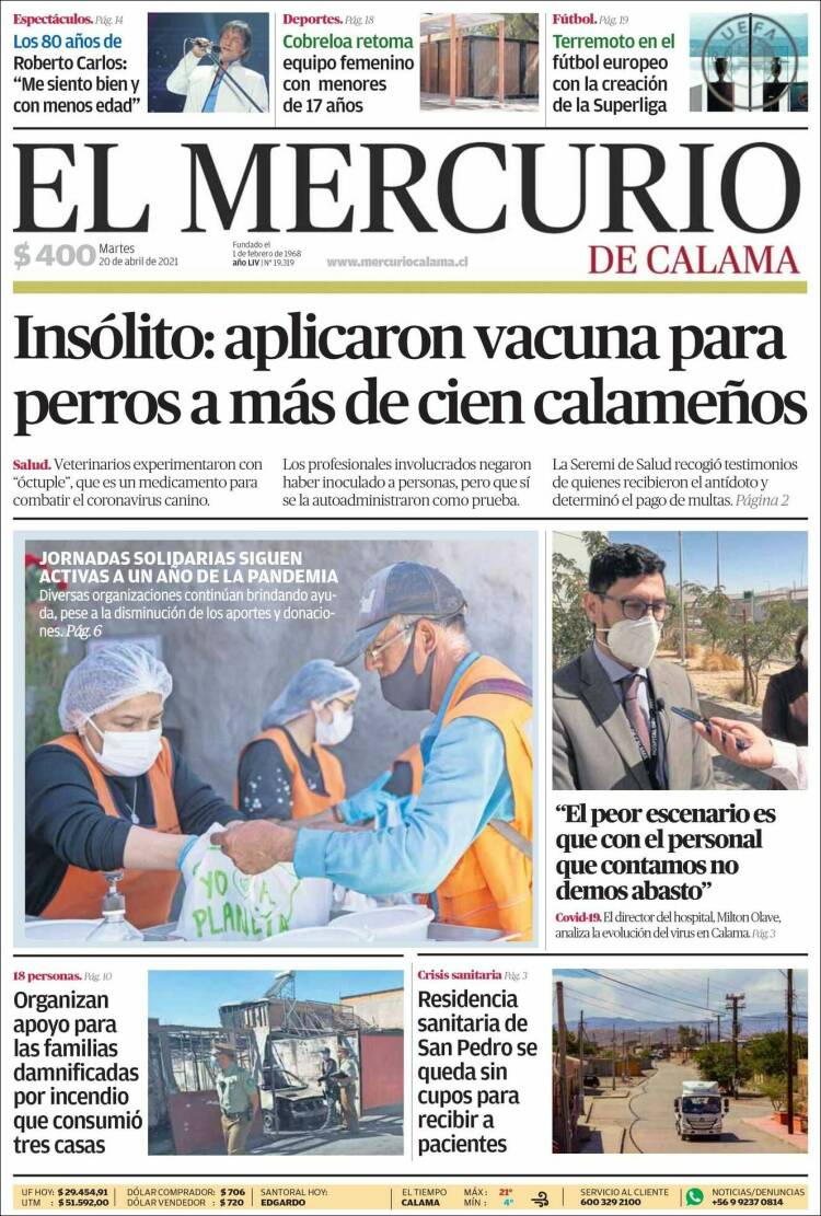 Portada de El Mercurio - Calama (Chile)
