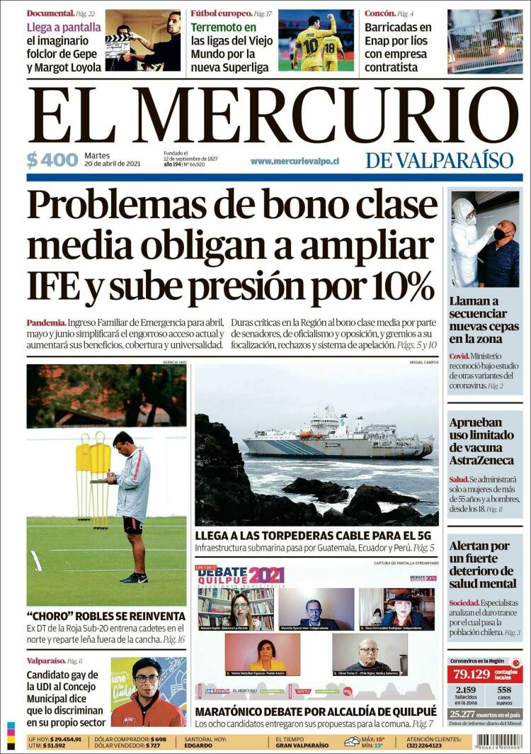 Portada de Mercurio de Valparaiso (Chile)