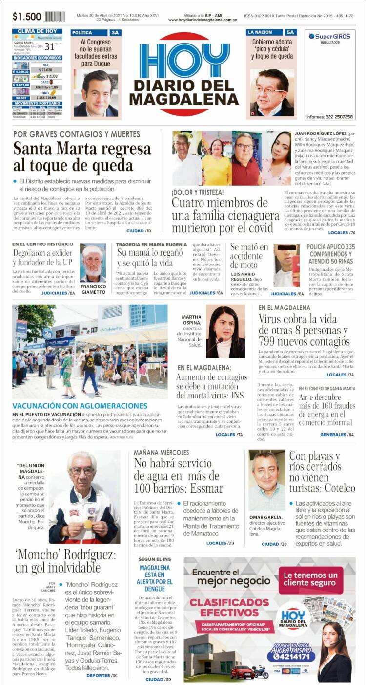 Portada de Hoy Diario del Magdalena (Colombia)
