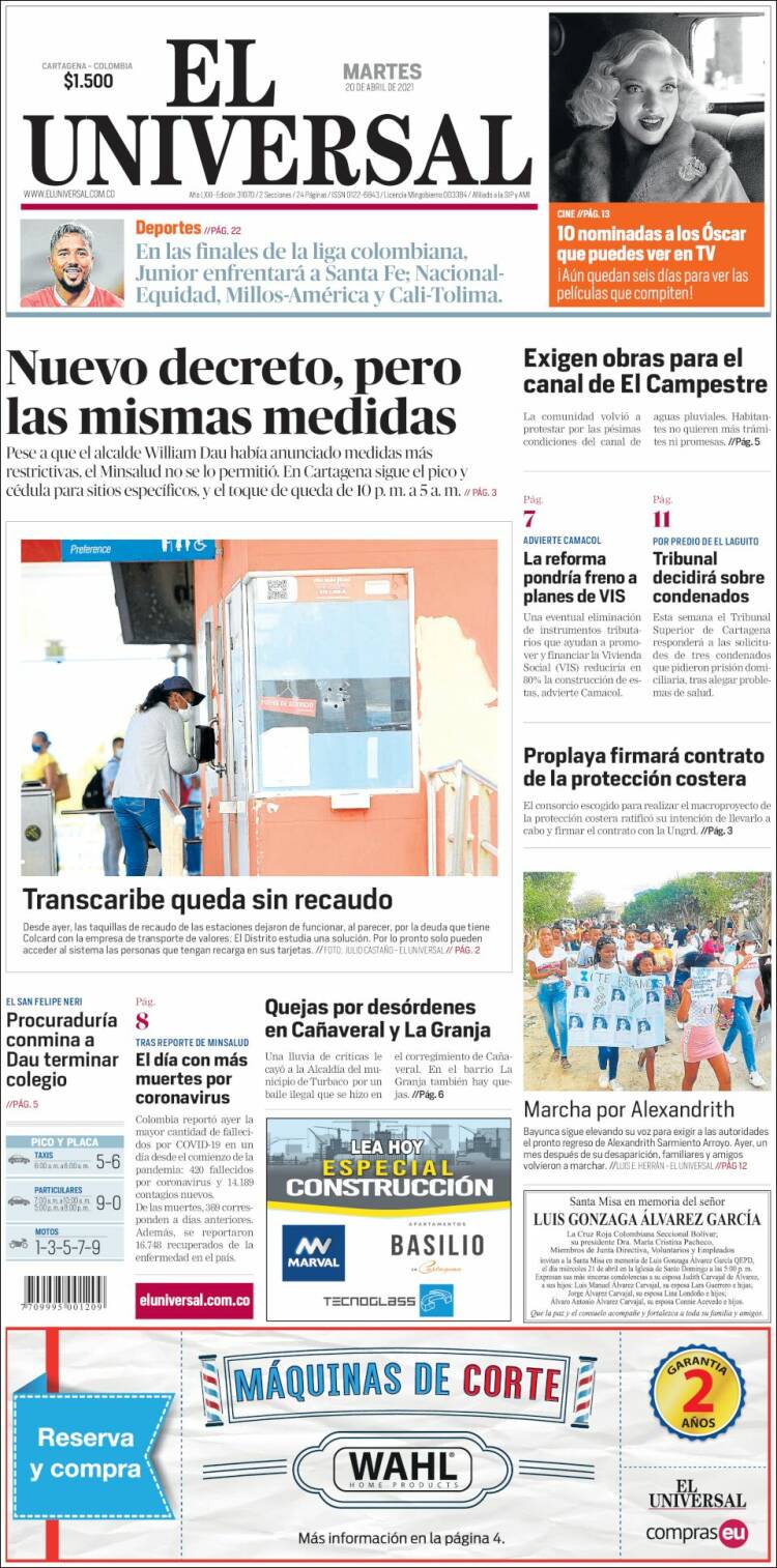 Portada de El Universal (Colombia)