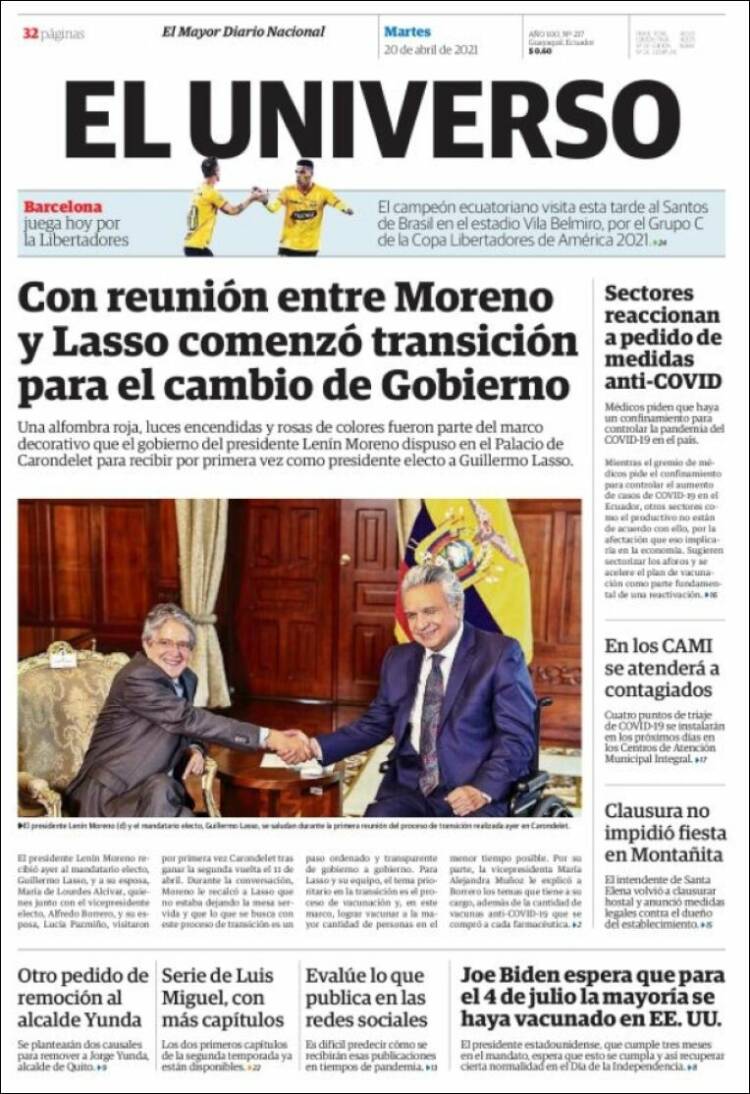 Portada de El Universo - Ecuador (Ecuador)