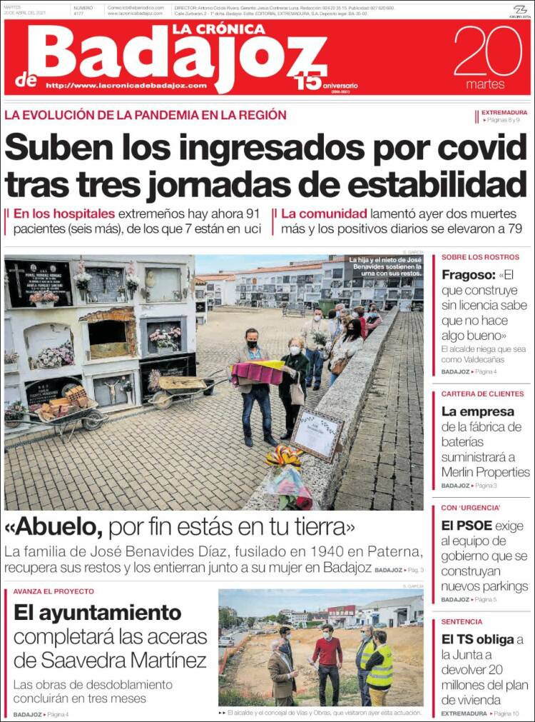 Portada de La Crónica de Badajoz (España)