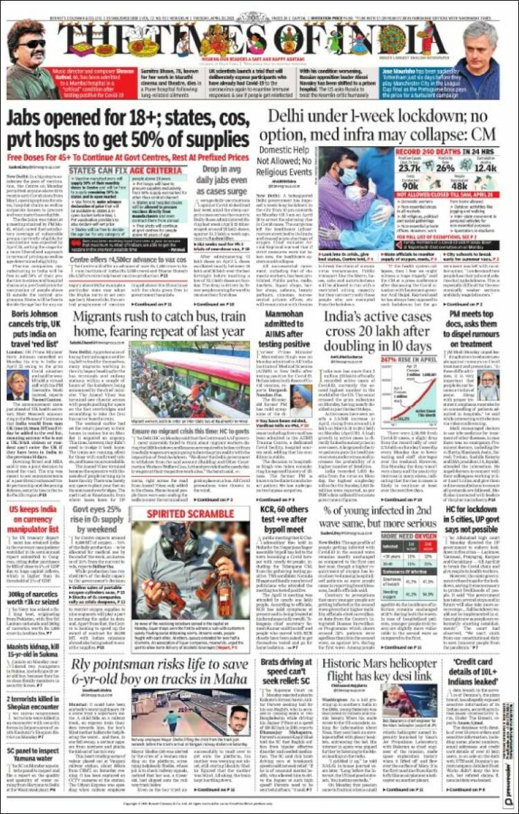 Portada de The Times of India (India)