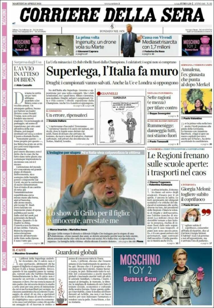 Portada de Corriere della Sera (Italia)
